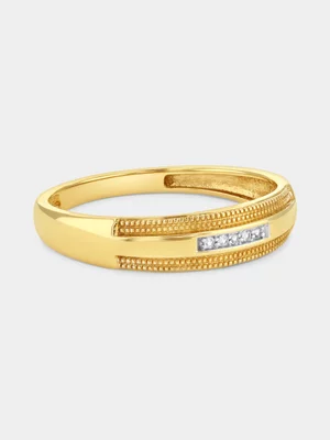 Yellow Gold White Sapphire Horizontal Channel Milgrain Edge Ring  
