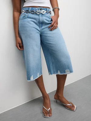 The FIX Women's Mid Wash Studded Bermuda Denim Shorts