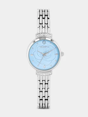Tempo Silver Plated Light Blue Rose Dial Bracelet Watch 