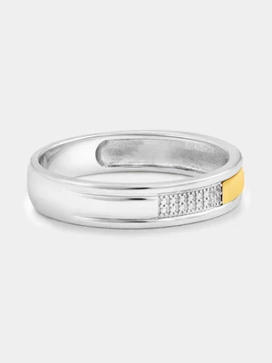 Yellow Gold & Sterling Silver Diamond Beaded Rectangle Ring 