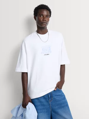 Markham Men's Extreme Boxy Fit White Graphic T-Shirt