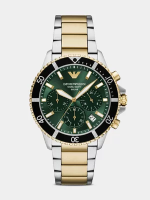 Emporio Armani Green Dial Two-Tone Solar Chronograph Bracelet Watch