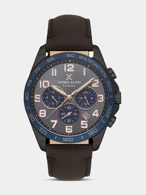 Daniel Klein Gunmetal & Blue Plated Gunmetal Dial Dark Brown Leather Watch 