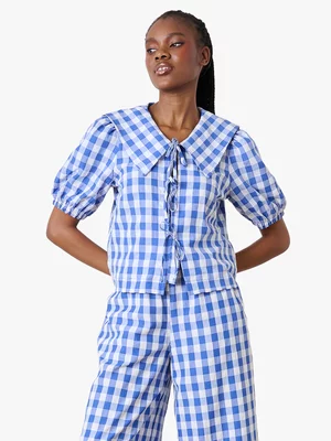 Women's Me&B Blue Gingham Big Collar Blouse 