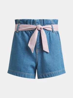 Exact Older Girl's Mid Wash Paperbag Belted Denim Shorts 