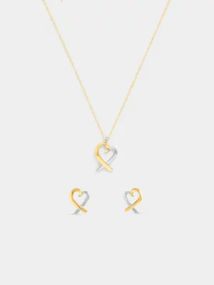 14ct Gold & Rhodium Plated Two-Tone Heart Pendant & Stud Earrings Set 