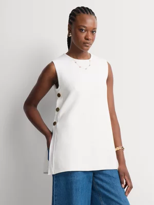 Crew Neck Longline Button Detail Knit Vest