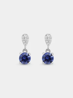 Sterling Silver Tanzanite Cubic Zirconia December Birthstone Round Drop Earrings