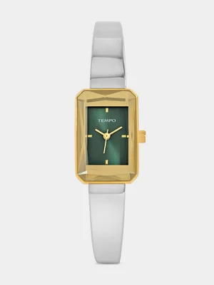 Tempo Gold Plated Green Dial Rectangle Two-Tone Bangle Watch