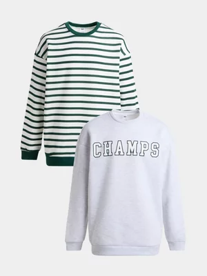 Jet Older Boys 2 Pack Grey Melange/Green Stripe Matching Core Crew Neck 