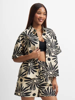 Jet Women's Stone/Black Print Linen Shirt