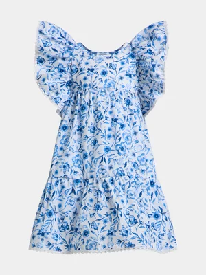 Jet Younger Girls Blue Flutter Sleeve Dress