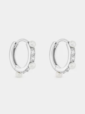 Sterling Silver Freshwater Pearl & Cubic Zirconia Hoop Earrings 