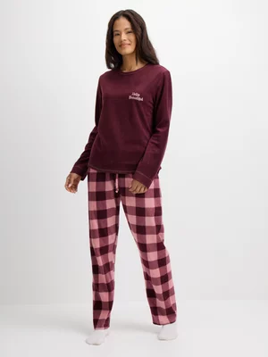Jet Women’s Burgundy And Pink Check Microfleece Pyjama Set