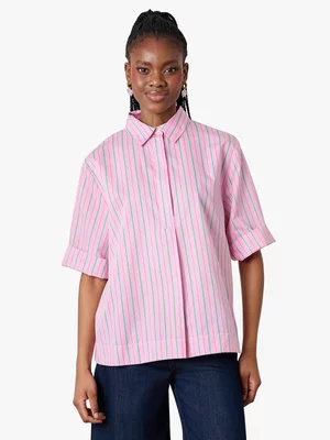 Women's Me&B Pink & Green Stripe Cotton Boxy Shirt