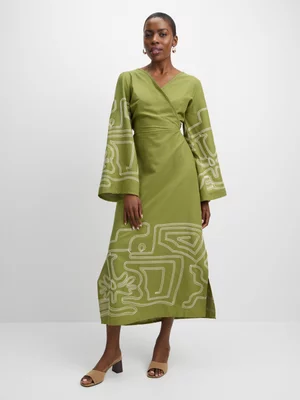 Jet Women’s Green Linen Embroidery Maxi Dress