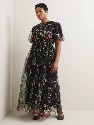 Women's Iconography Embroidered Mesh Puff Sleeve Dress