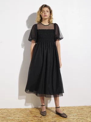 Women's Canvas Smocked Mesh Puff Sleeve Dress