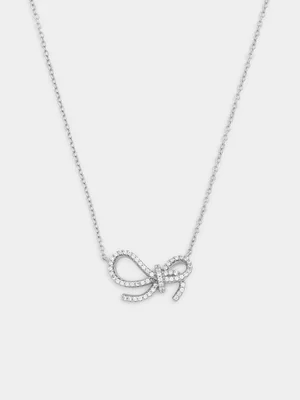 Sterling Silver Cubic Zirconia Twirly Bow Necklace 