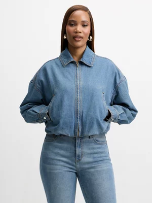 Exact Women's Light Wash Bubble Bomber Jacket