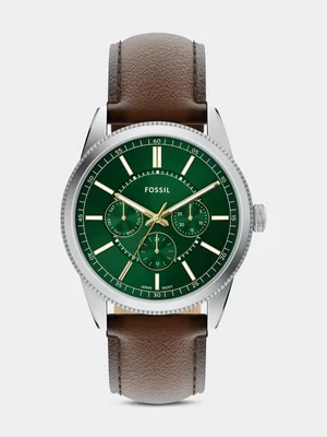 Fossil Pearson Green Dial Stainless Steel Brown Leather Multi Dial Watch