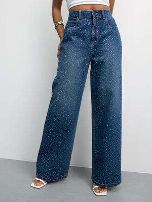 The FIX Women's Medium Wash Embellished Wide Leg Jeans