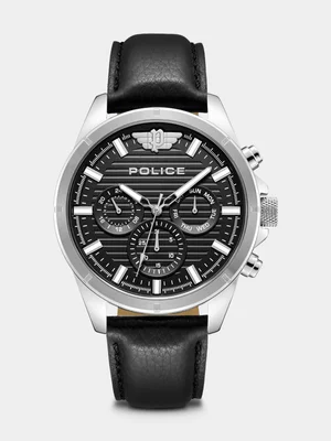 Police Malawi Stainless Steel Black Dial Black Leather Watch 