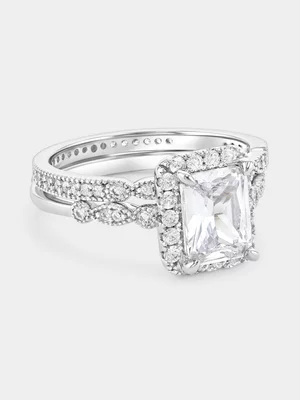 Sterling Silver Cubic Zirconia Emerald-Cut Halo Twinset Ring 