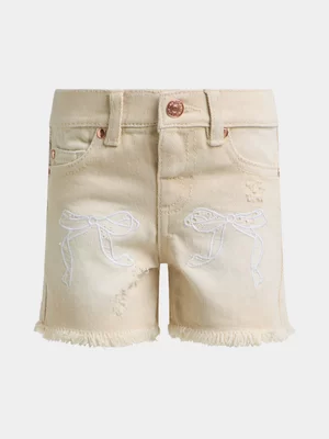 Jet Younger Girls Ecru Bow Applique Denim Shorts