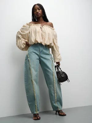 The FIX Women's Vintage Wash Denim with Frayed Barrel Leg 