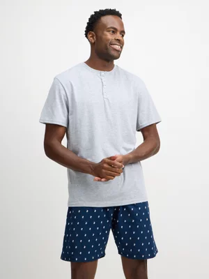 Jet Men's Grey Melange Printed Short Sleeve Pyjama Set