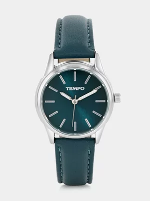 Tempo Silver Plated Green Dial Green Leather Watch 