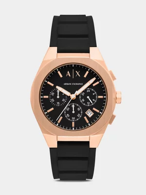 Armani Exchange Rose Plated Stainless Steel Black Silicone Chronograph Watch