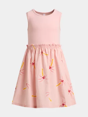 Exact Younger Girl's Pink Palm Print Rib Combo Dress