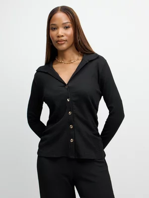 Exact Women's Black Textured Button Through Top 