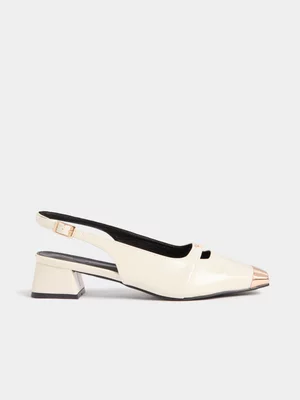 Square Toe Metal Tip Sling Back Block Heels