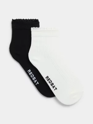 Redbat Women's 2 Pack Black&White Frill Socks 4-7