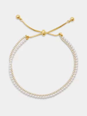 14ct Gold Plated Pearl & Cubic Zirconia Slider Bracelet   