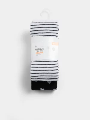 Jet Younger Girls 2Pk Wht Stripe & Blk Polka Dot Tights