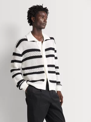 Markham Men's Longsleeve Crochet White Knitwear Cardigan