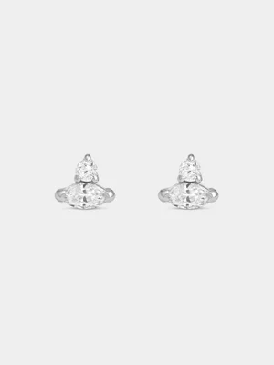 Sterling Silver Lab Grown Diamond Marquise & Round Stud Earrings 