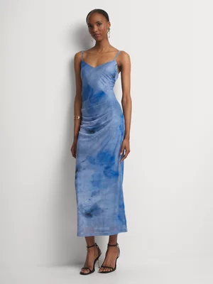 Mesh Oriental Print Column Dress 