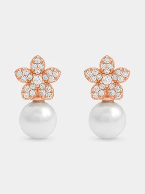 Rose Plated Sterling Silver Shell Pearl & Cubic Zirconia Flower Drop Earrings