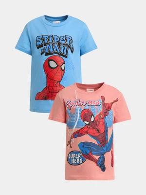 Jet Older Boys Coral/Blue Spiderman 2 Pack T-shirt