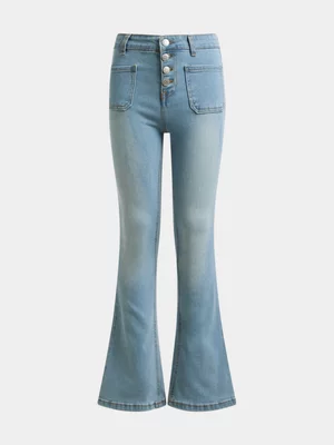 Jet Older Girls Mid Blue Fit And Flare Denim Jeans