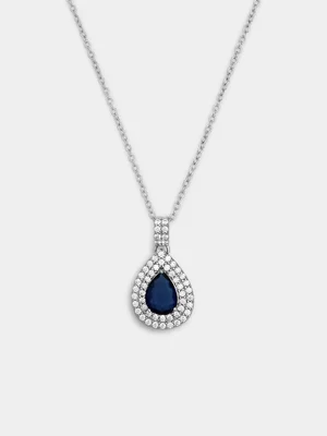 Sterling Silver Blue Cubic Zirconia Pear Double Halo Pendant 