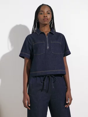 Women's Canvas Denim Zip Collared Shirt