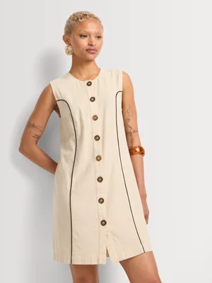 Button Through Contrast Stitch Shift Dress