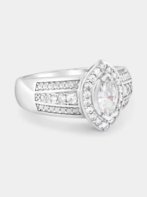 White Gold Cubic Zirconia Marquise Halo Ring 