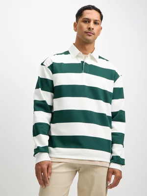 Exact Men's White & Green Striped Polo Sweat Top